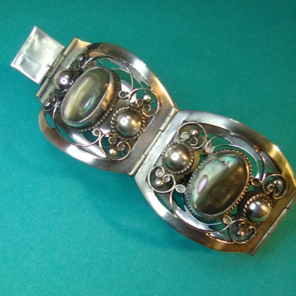 Vintage Sterling Silver Abalone Panel Wide Ornate Bracelet 925 - Picture 3 of 9